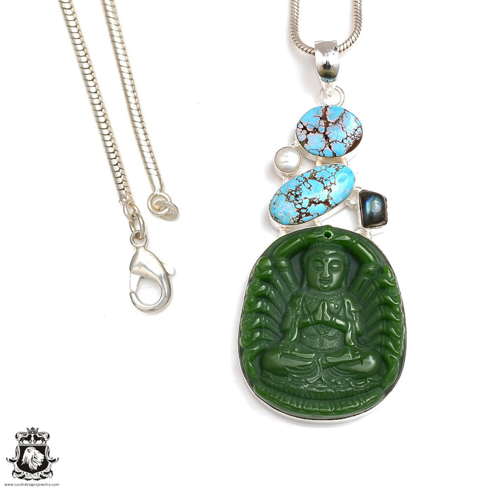 Genuine Certified Jade Buddha Carving Silver Pendant & Chain P9098