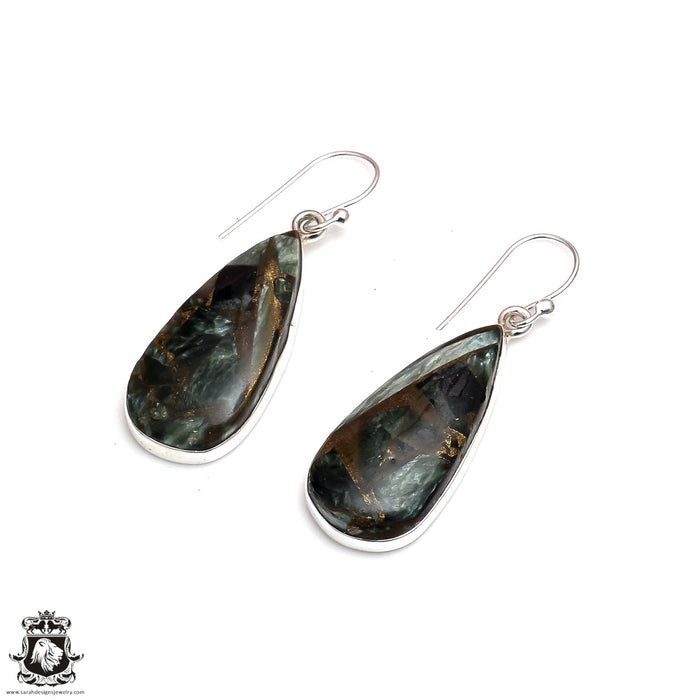 Seraphinite in Pyrite 925 SOLID Sterling Silver Hook Dangle Earrings E423