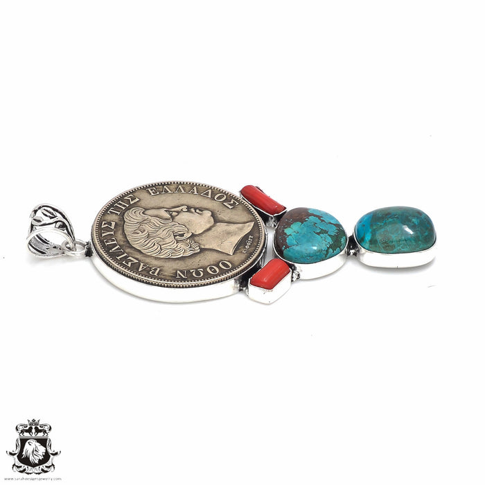 Turquoise Coral Reissued Greek Pendant 4MM Snake Chain P8673