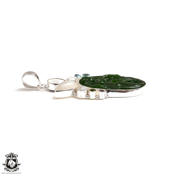 Genuine Jade Carved Mermaid Moonstone Pendant & Chain P9066