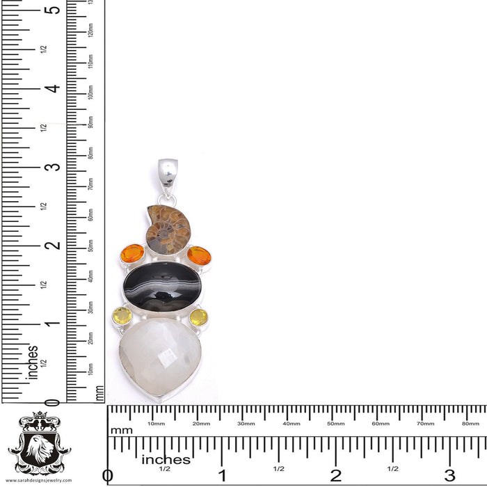 Ammonite Banded Agate Moonstone Pendant 4mm Snake Chain P7893