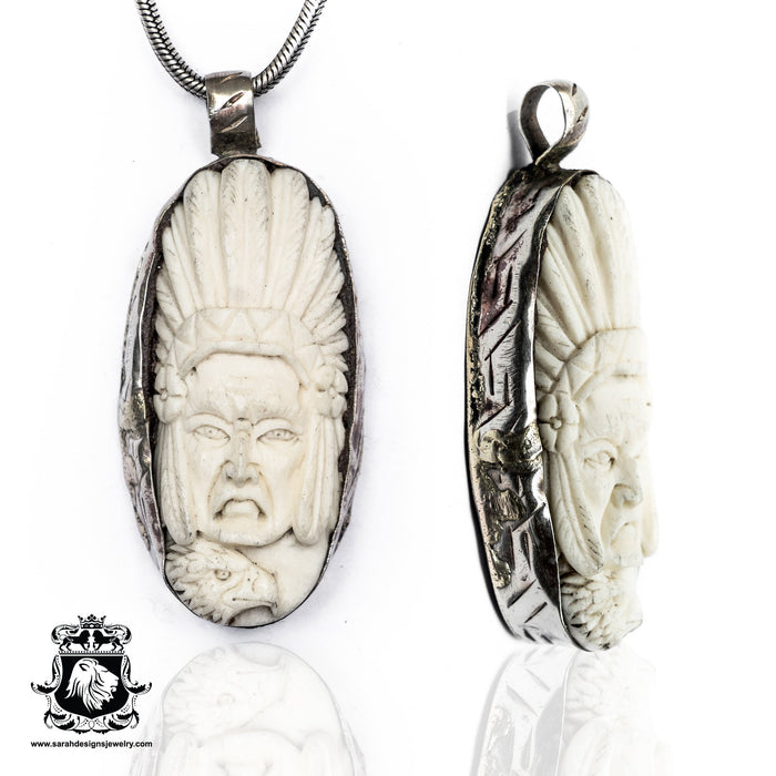 War Bonnet Native Indian Eagle  Carving Silver Pendant & Chain N84