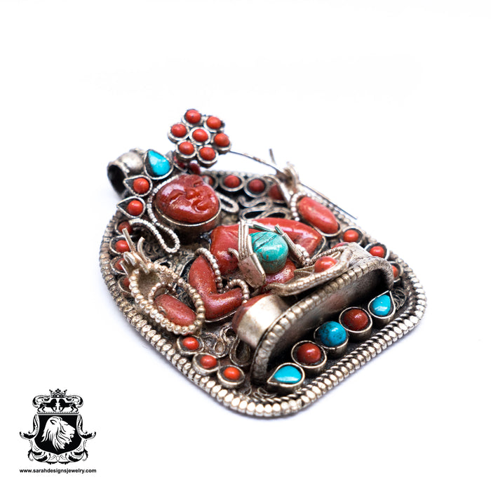 Chenrezig Genuine Coral Ghau Tibetan Prayer Box Pendant 4MM Italian Snake Chain N173