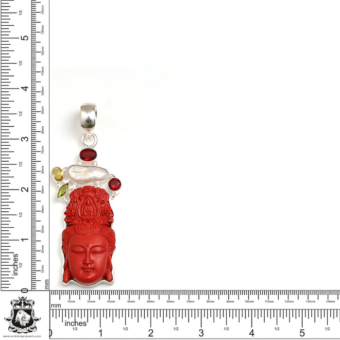 Kwan Yin Guan Yin Pearl Carving Silver Pendant & Chain P9084