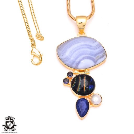 Blue Lace Agate Dichroic Glass 24K Gold Plated Pendant 3mm Snake Chain GP194