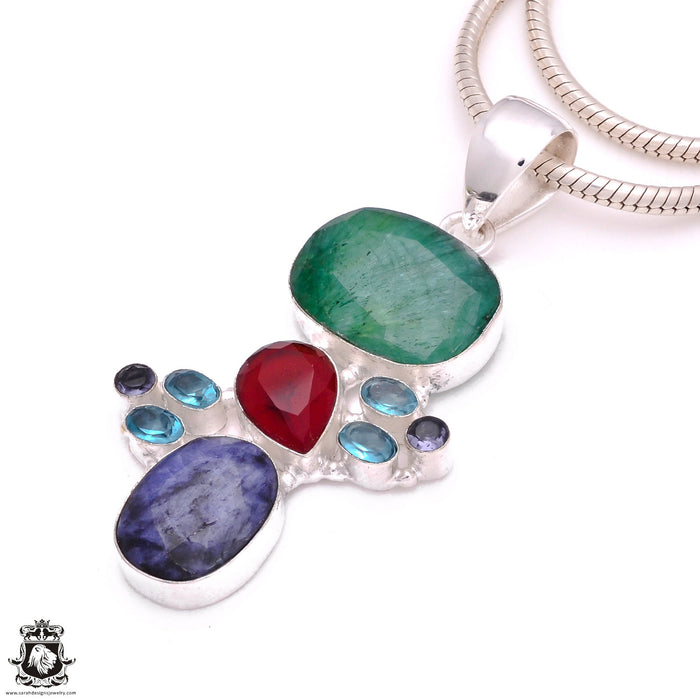 3 Inch Ruby Emerald Sapphire Pendant & Chain P8095