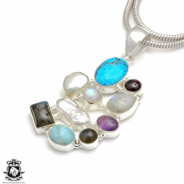 3 Inch Turquoise Moonstone Pearl Pendant & Chain P8998