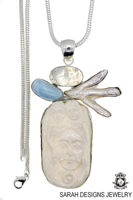 Angel Larimar Moonstone Carving Silver Pendant & Chain A47