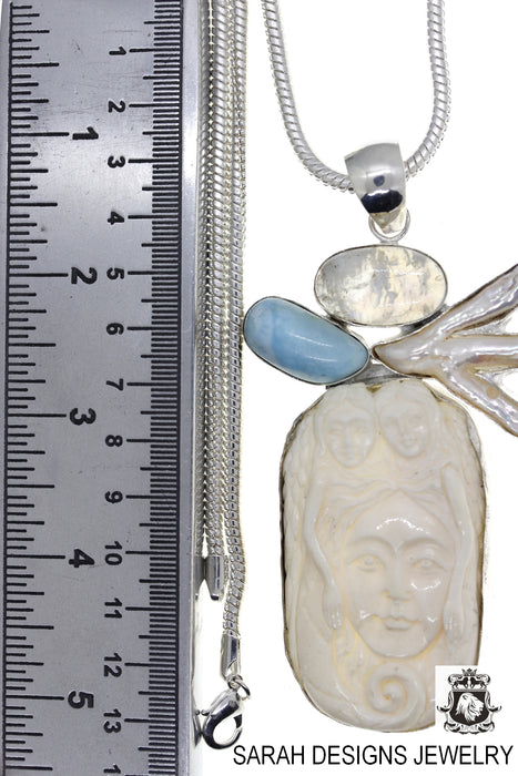 Angel Larimar Moonstone Carving Silver Pendant & Chain A47