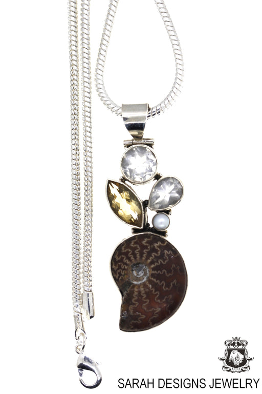 Placenticeras Ammonite Fossil Citrine Pearl 925 Sterling Silver Pendant 4mm Snake Chain P17