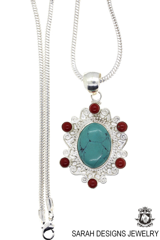 Tibetan Turquoise and Coral Pendant 4mm Snake Chain P4447