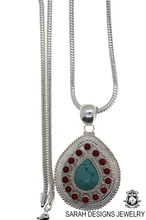 Tibetan Turquoise Coral Pendant & Chain P4479