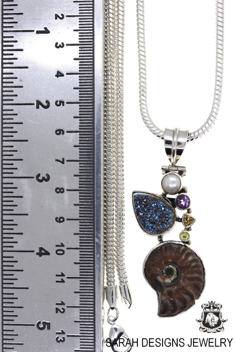Ammonite Fossil Drusy Amethyst Peridot 925 Sterling Silver Pendant 4mm Snake Chain P933