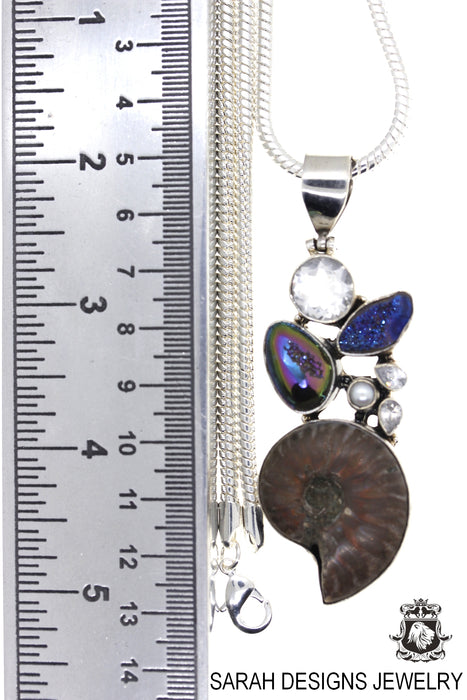 Ammonite Drusy Pearl 925 Sterling Silver Pendant 4mm Snake Chain P940