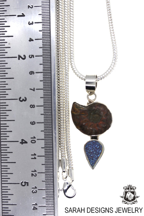 Ammonite Drusy 925 Sterling Silver Pendant 4mm Snake Chain P969