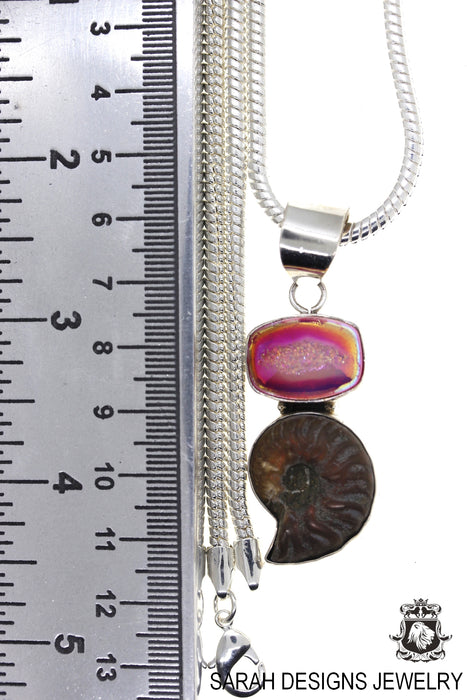 Ammonite Agate Druzy 925 Sterling Silver Pendant 4mm Snake Chain P981