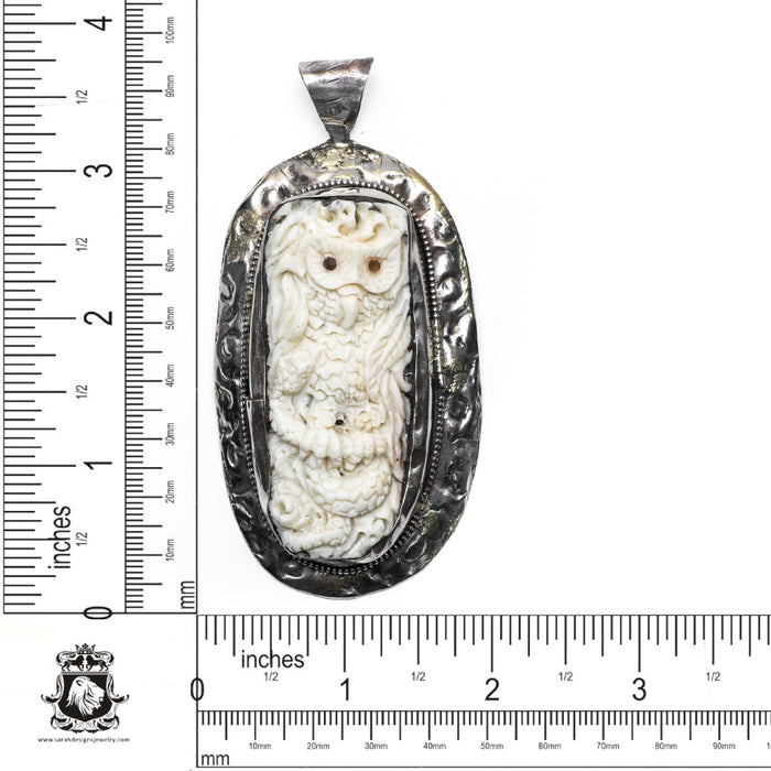 Glowing Eyed Owl  Carving Silver Pendant & Chain N272