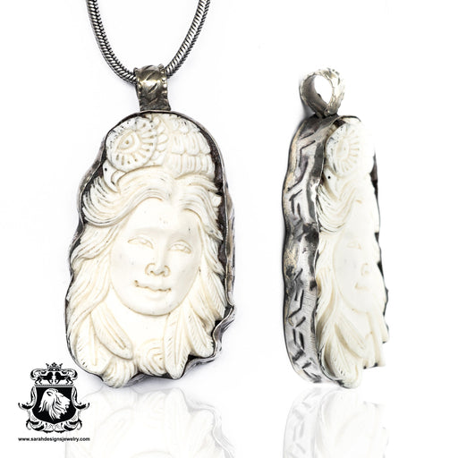 Barn Owl Lady Carving Tibetan Repousse Silver Pendant 4MM Chain N78
