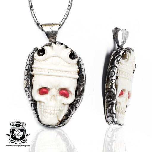 Red Eyed Skull  Carving Silver Pendant & Chain N224