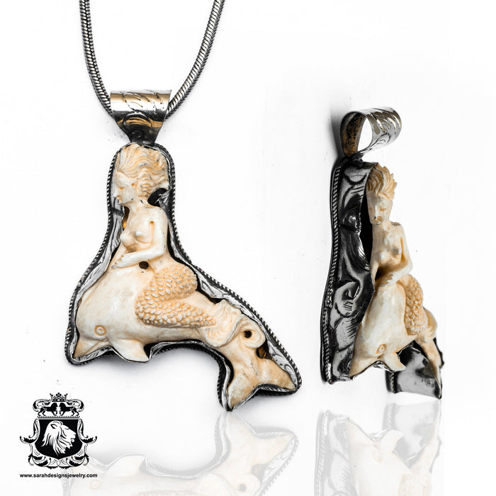 Dolphin Riding Mermaid  Carving Silver Pendant & Chain N367