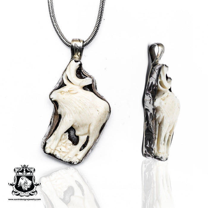 Moose  Carving Silver Pendant & Chain N208