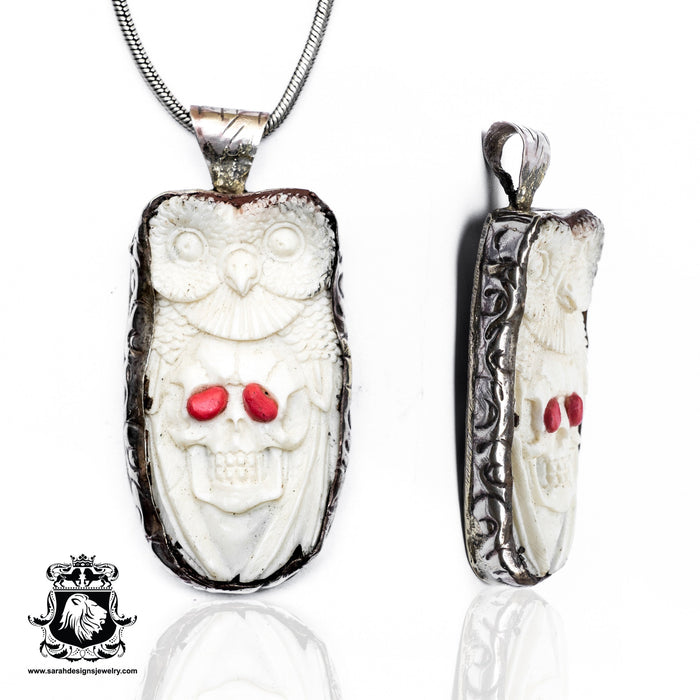 Red Eyed Skull with Owl  Carving Silver Pendant & Chain N258