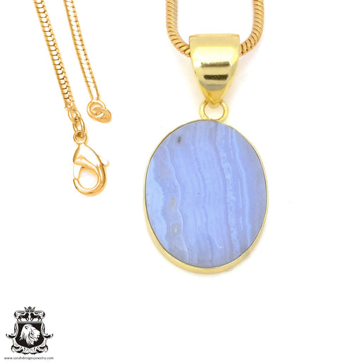Blue Lace Agate 24K Gold Plated Pendant 3mm Snake Chain GPH1499