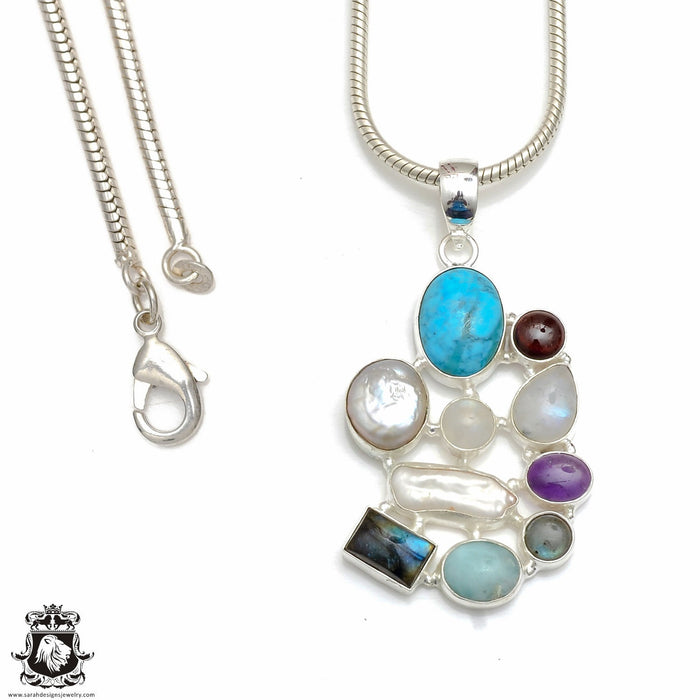 3 inch Turquoise Pearl Moonstone Pendant & Chain P8987