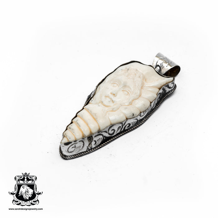 Conch Shell Victorian Lady  Carving Silver Pendant & Chain N354