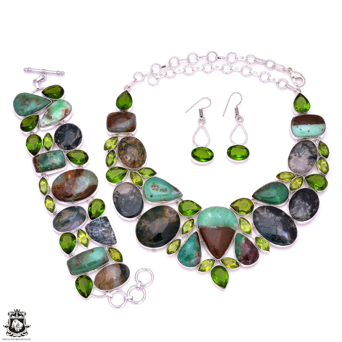 Boulder Turquoise Moss Agate Necklace Bracelet Earrings Set 882
