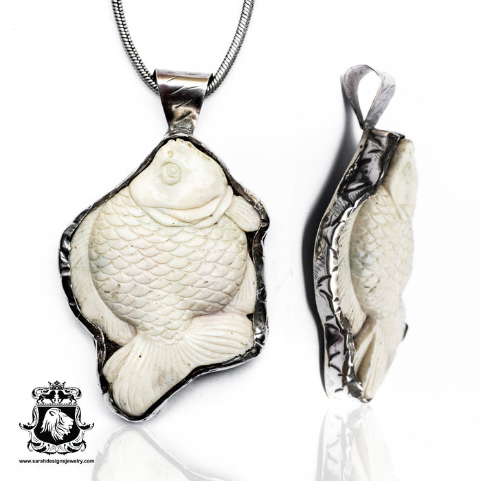 Belching Goldfish  Carving Silver Pendant & Chain N221