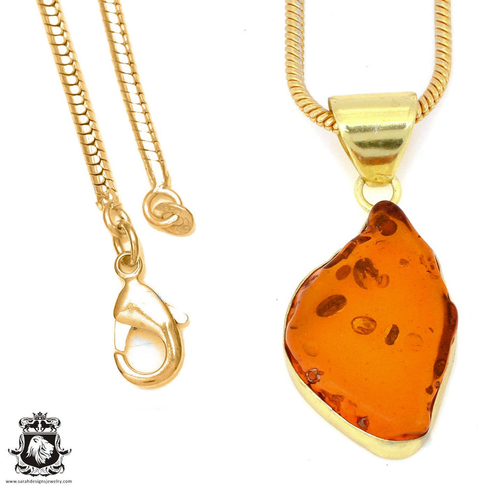 Pressed Cognac Amber 24K Gold Plated Pendant 3mm Snake Chain GPH1326