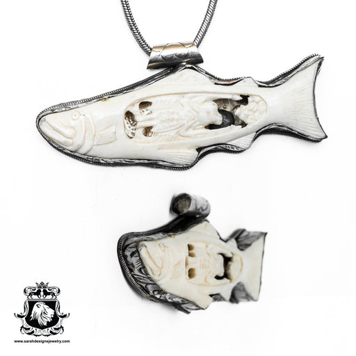 Bat Floating in Salmon Belly  Carving Silver Pendant & Chain N373