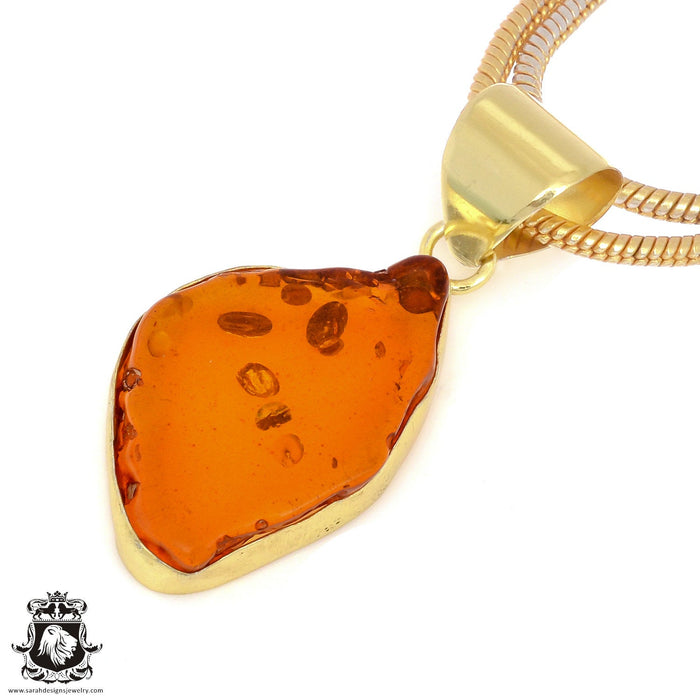 Pressed Cognac Amber 24K Gold Plated Pendant 3mm Snake Chain GPH1326