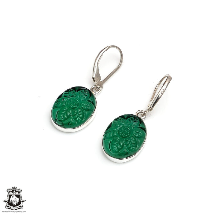 1.7 Inch Carved Aventurine 925 SOLID Sterling Silver Leverback Earrings E165