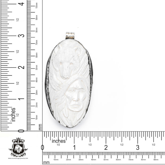 Chief Tecumseh Bear  Carving Silver Pendant & Chain N291