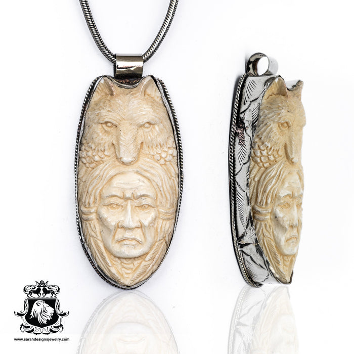 Wolf Chief Mangas Coloradas  Carving Silver Pendant & Chain N131