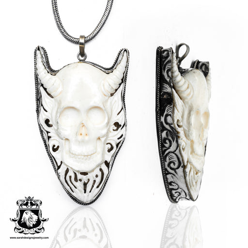 Horned Devil Skull  Carving Silver Pendant & Chain N450