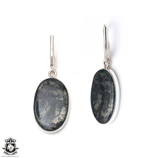1.8 Inch Moss Agate 925 SOLID Sterling Silver Leverback Earrings E179