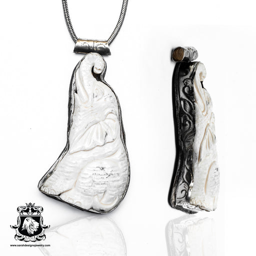 Fertility and Fortune! Elephant with Raised Trunk  Carving Silver Pendant & Chain N299