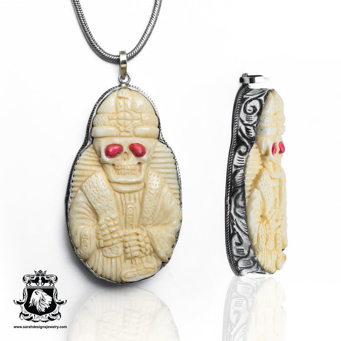 Boho Hippie Skeleton Tib489etan Repousse Carving Silver Pendant & Chain N
