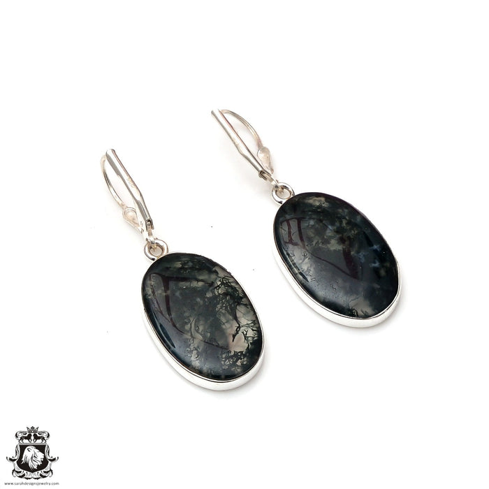 1.8 Inch Moss Agate 925 SOLID Sterling Silver Leverback Earrings E179
