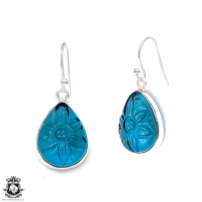 Carved Neon Apatite 925 SOLID Sterling Silver Hook Dangle Earrings E416