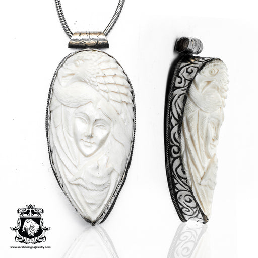 Eagle Lady Howling Wolf  Carving Silver Pendant & Chain N402