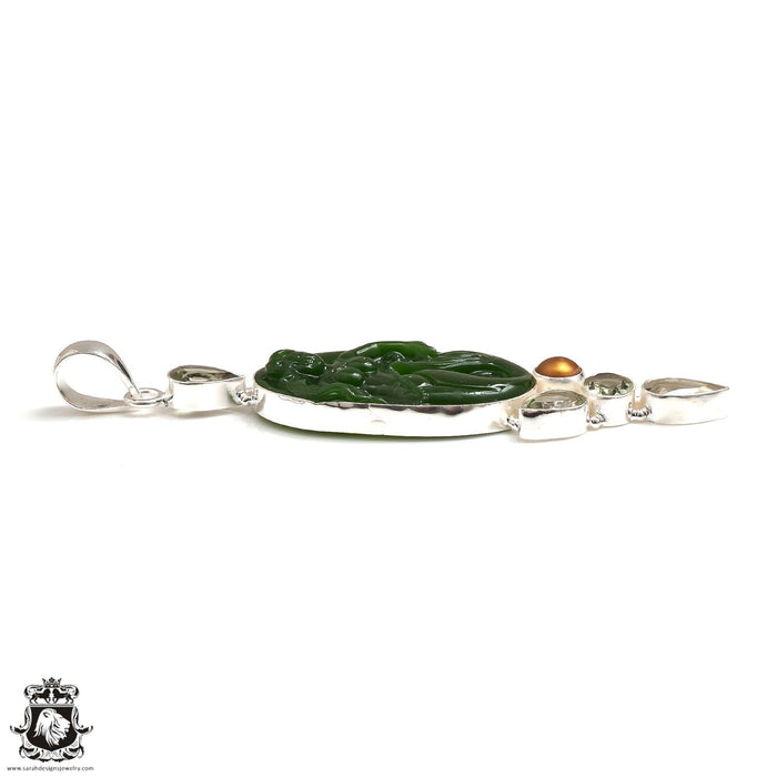 Genuine Jade Carved Mermaid Carving Silver Pendant & Chain P9100