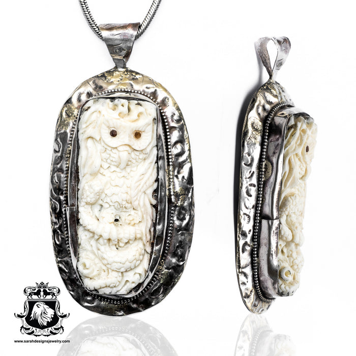 Glowing Eyed Owl  Carving Silver Pendant & Chain N272