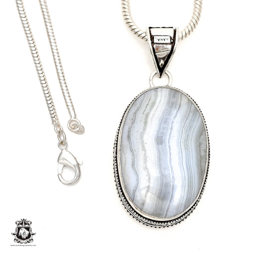 Blue Lace Agate Pendant 4mm Snake Chain V1727