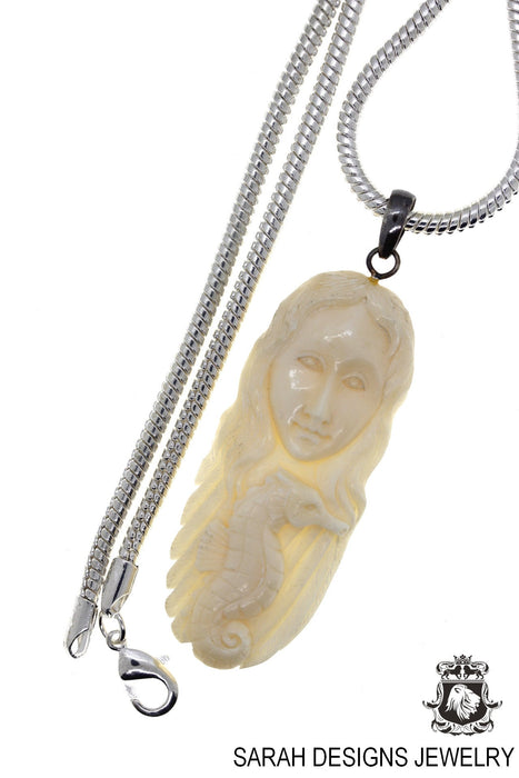 Woman with Seahorse Carving Silver Pendant & Chain C184