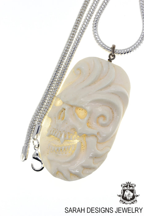 Flaming Skull Carving Silver Pendant & Chain C245