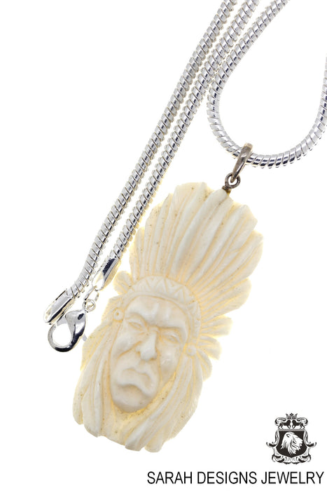 Native Chief Pontiac Carving Silver Pendant & Chain C248